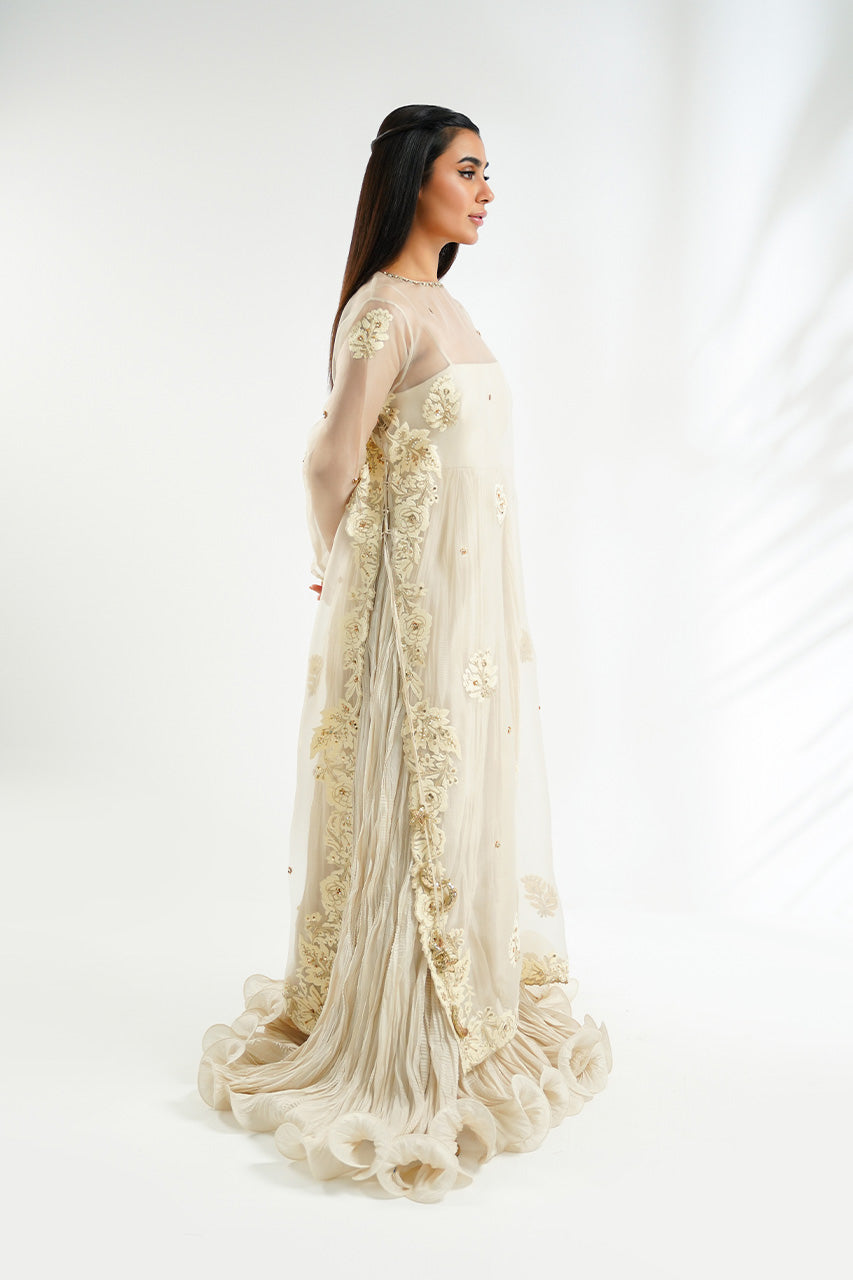 Pakistani Ivory Aari Embroidered Organza Khaddi Silk Gown (1-Pc) - Image 3