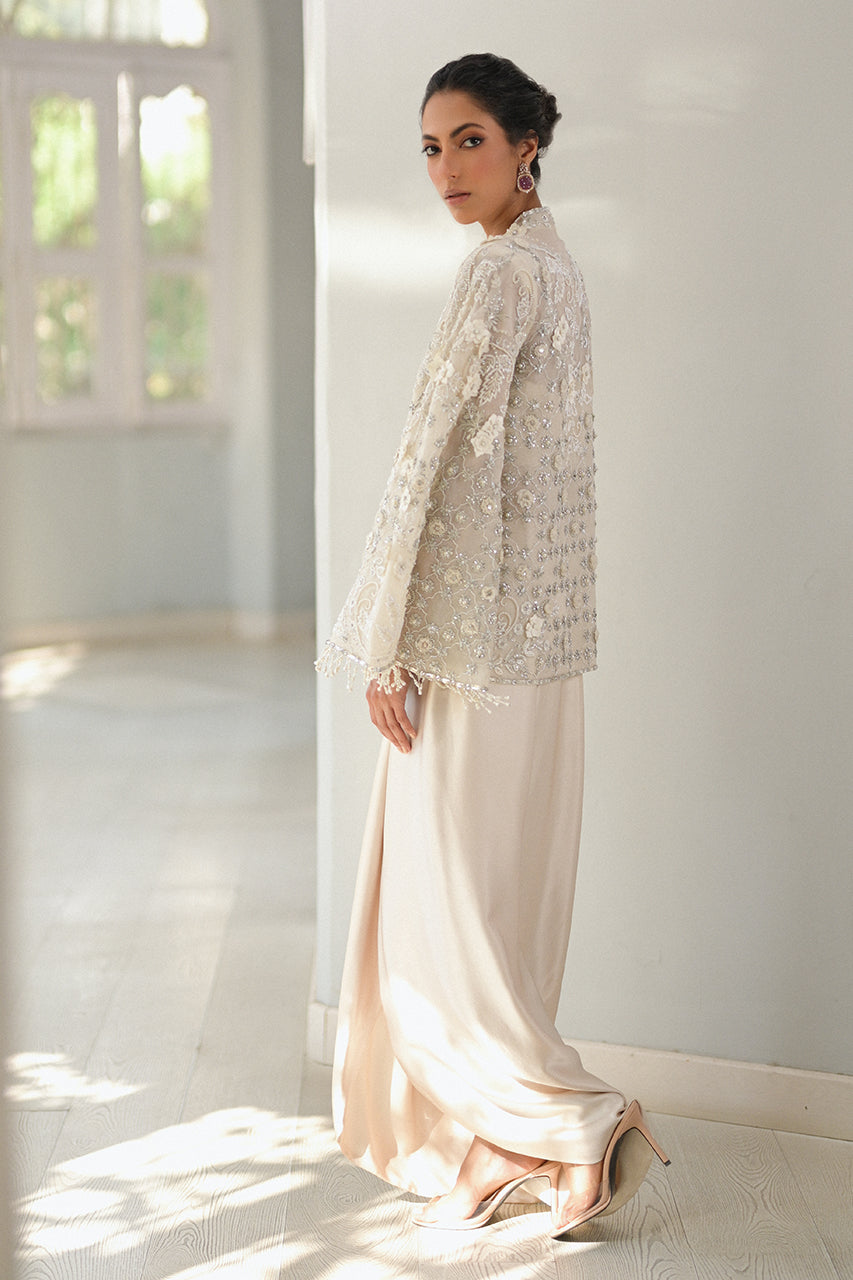 Pakistani Ivory Embellished Organza & Charmeuse Gown (2-Piece) - Image 10