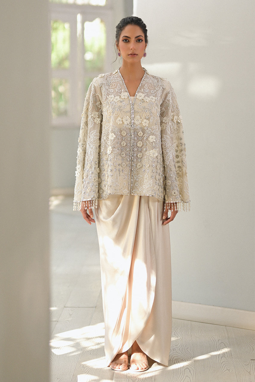 Pakistani Ivory Embellished Organza & Charmeuse Gown (2-Piece) - Image 11