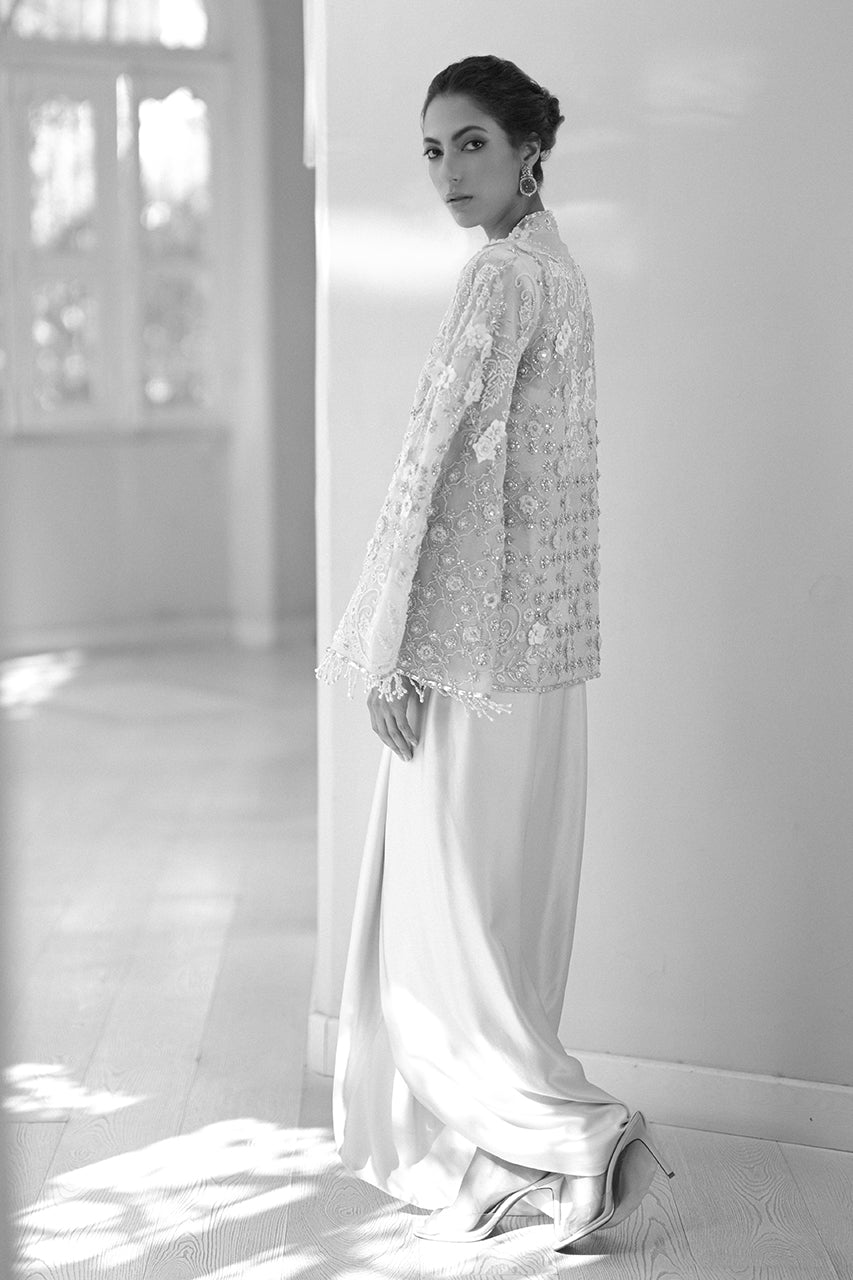 Pakistani Ivory Embellished Organza & Charmeuse Gown (2-Piece) - Image 12