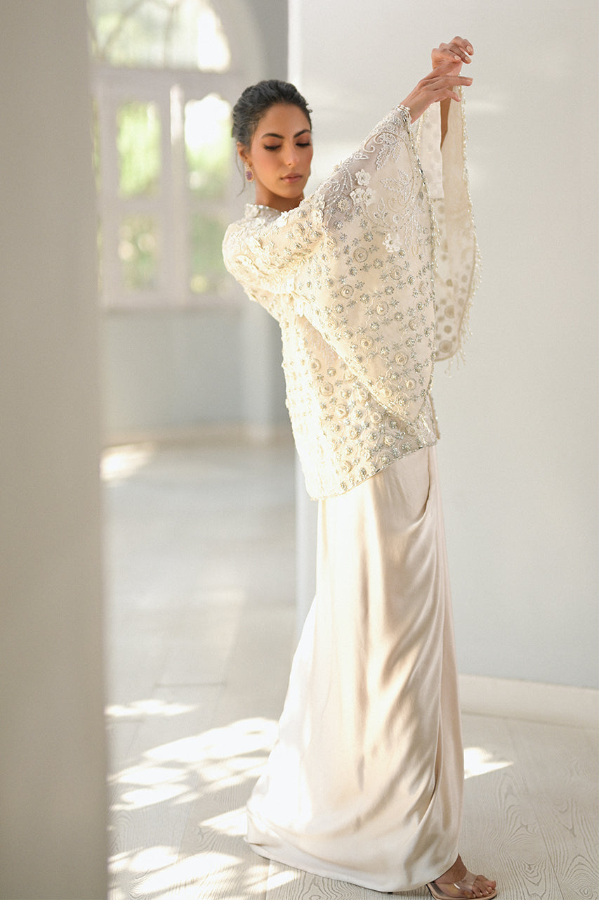 Pakistani Ivory Embellished Organza & Charmeuse Gown (2-Piece) - Image 13