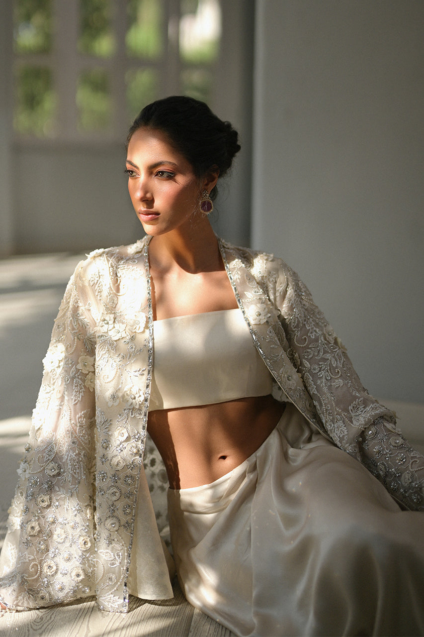 Pakistani Ivory Embellished Organza & Charmeuse Gown (2-Piece) - Image 14