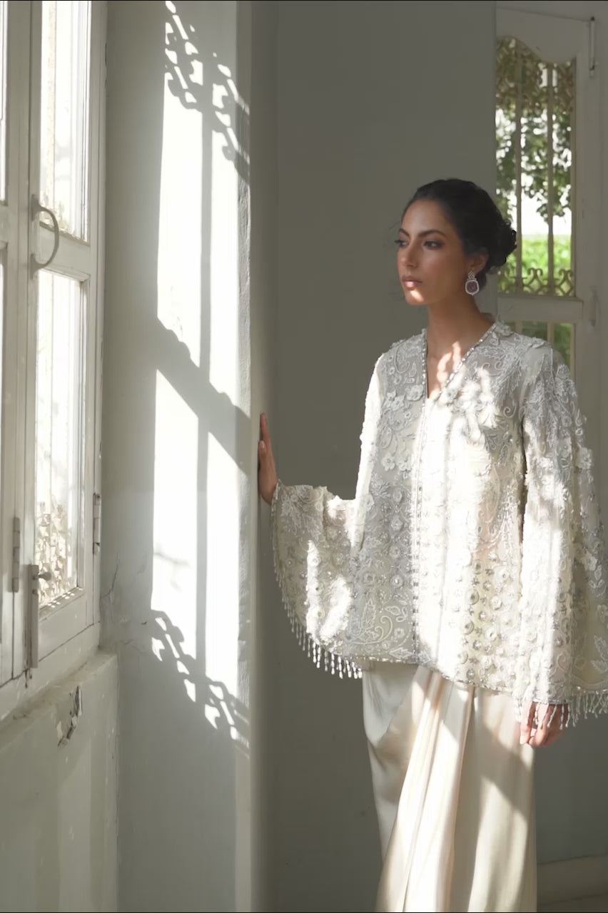 Pakistani Ivory Embellished Organza & Charmeuse Gown (2-Piece) - Image 15