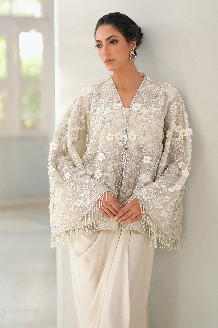 Pakistani Ivory Embellished Organza & Charmeuse Gown (2-Piece) - Image 5