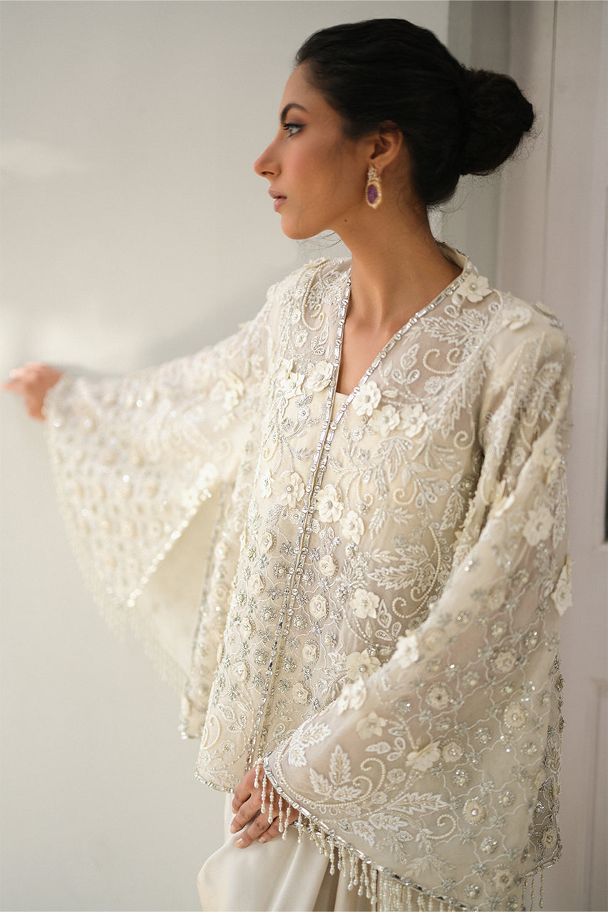 Pakistani Ivory Embellished Organza & Charmeuse Gown (2-Piece) - Image 6