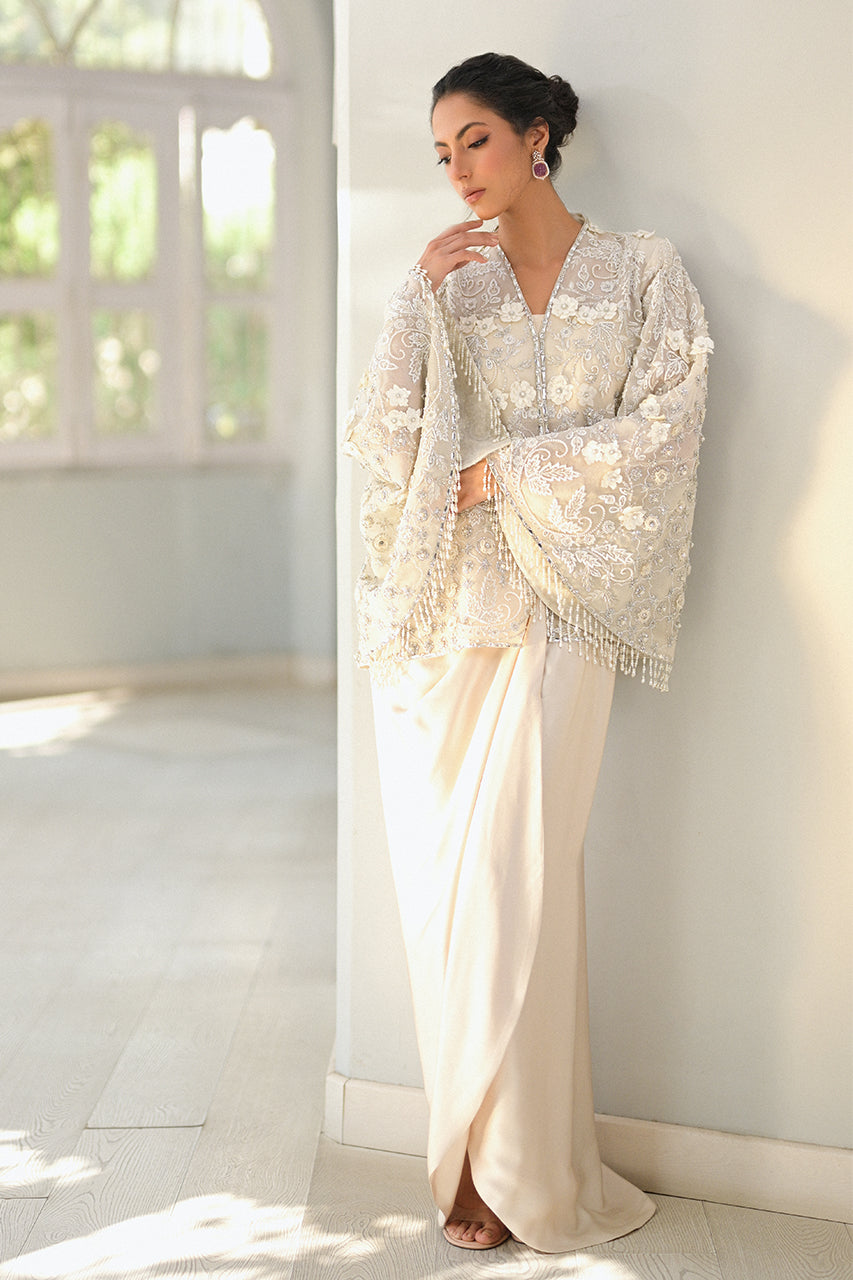 Pakistani Ivory Embellished Organza & Charmeuse Gown (2-Piece) - Image 7