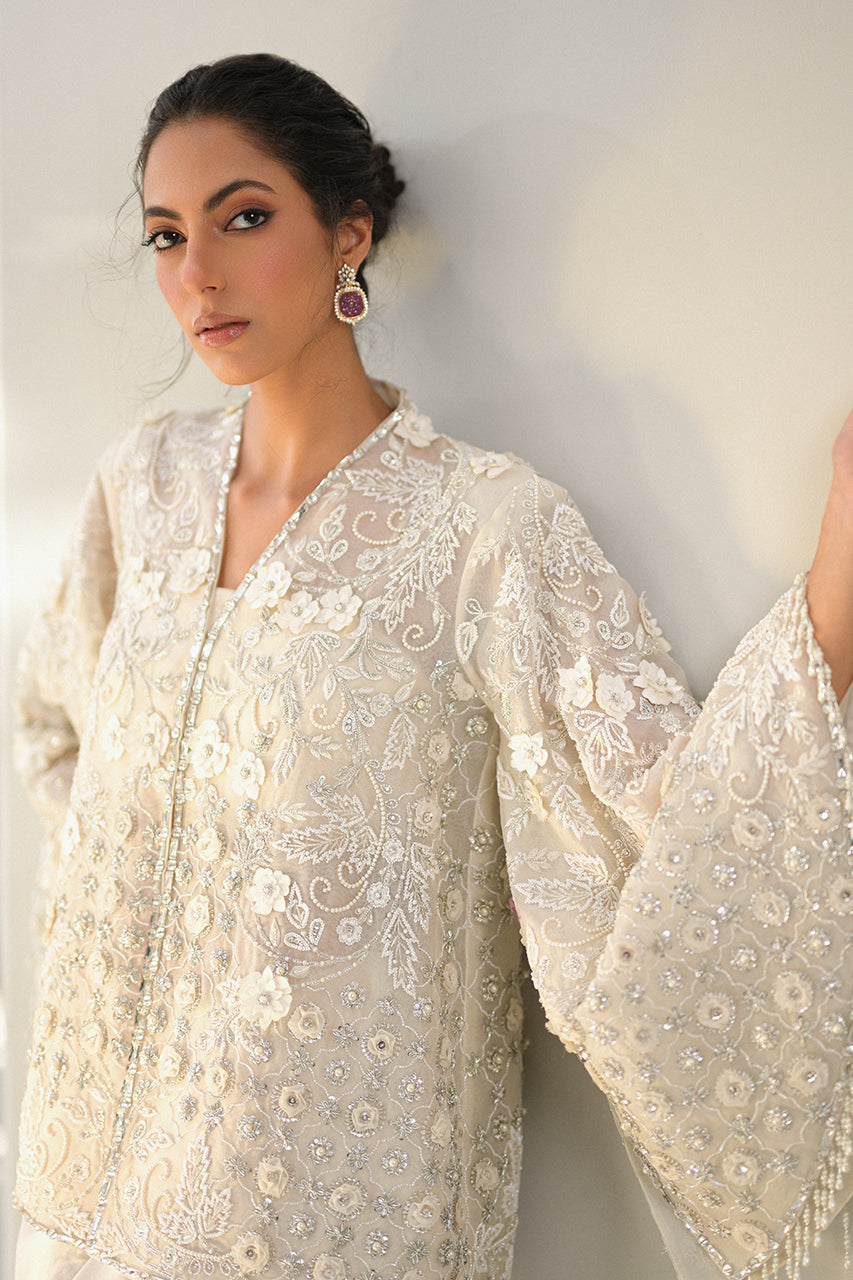 Pakistani Ivory Embellished Organza & Charmeuse Gown (2-Piece) - Image 8