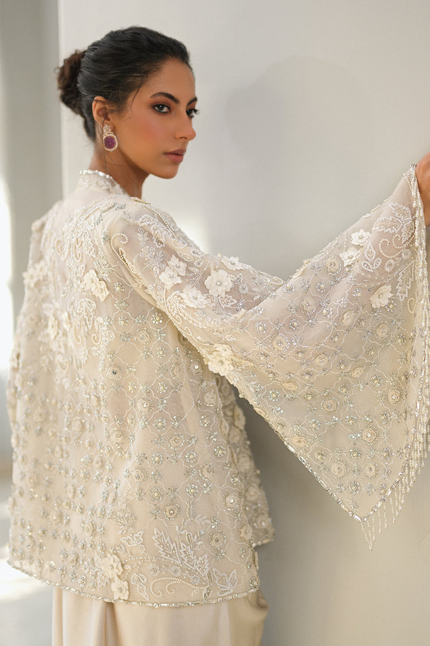 Pakistani Ivory Embellished Organza & Charmeuse Gown (2-Piece) - Image 9