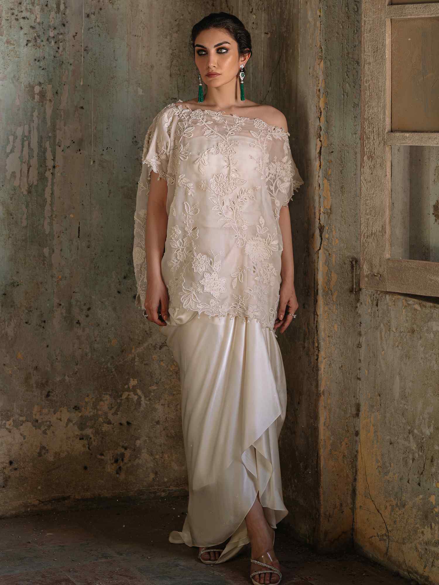 Ivory Embroidered Organza & Satin Silk Gown (2-Piece) - Image 1