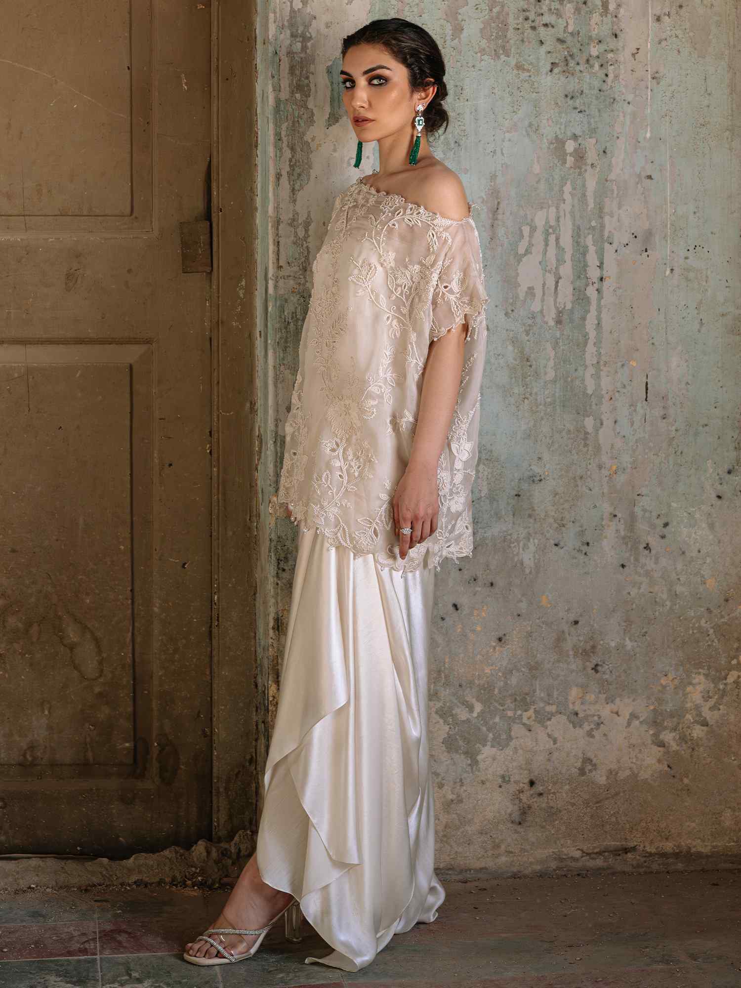 Ivory Embroidered Organza & Satin Silk Gown (2-Piece) - Image 3