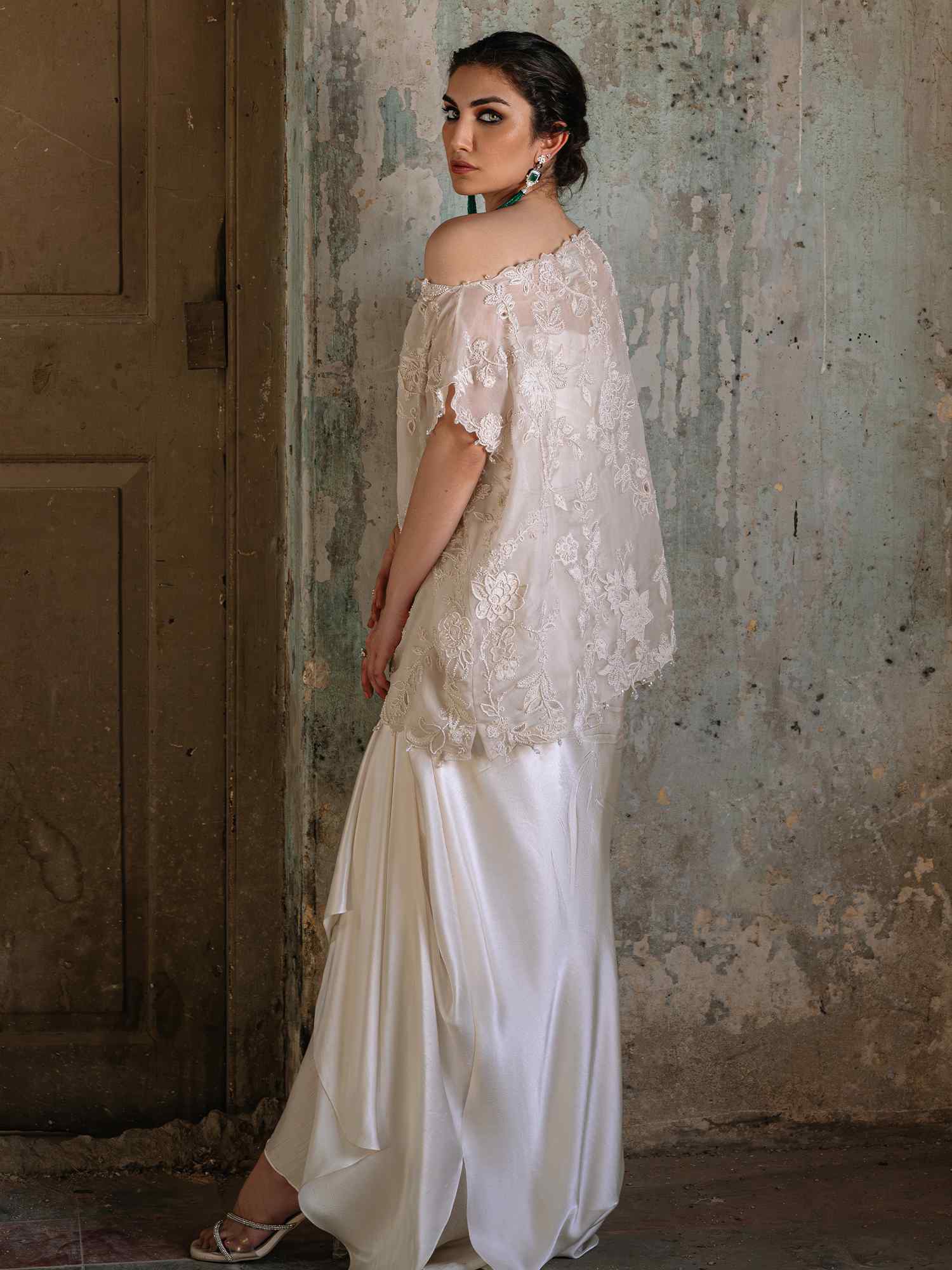 Ivory Embroidered Organza & Satin Silk Gown (2-Piece) - Image 4