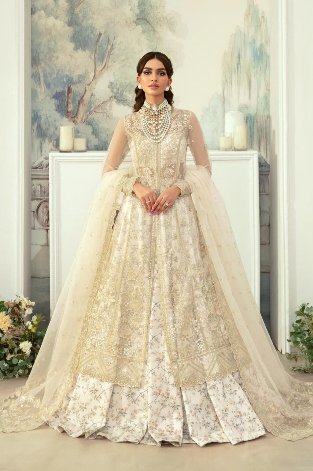 Pakistani Ivory Gold Embroidered Organza Bridal Gown (2-Piece) - Image 1