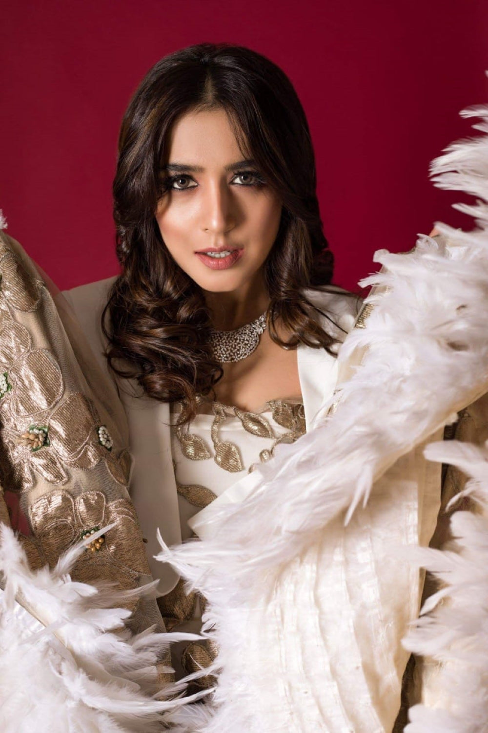 Ivory Gold Embroidered Net High-Low Gown (1-Pc) - Image 1