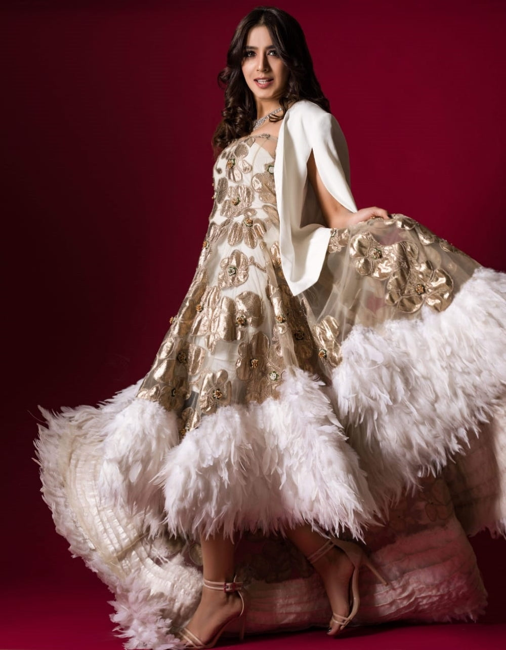 Ivory Gold Embroidered Net High-Low Gown (1-Pc) - Image 3