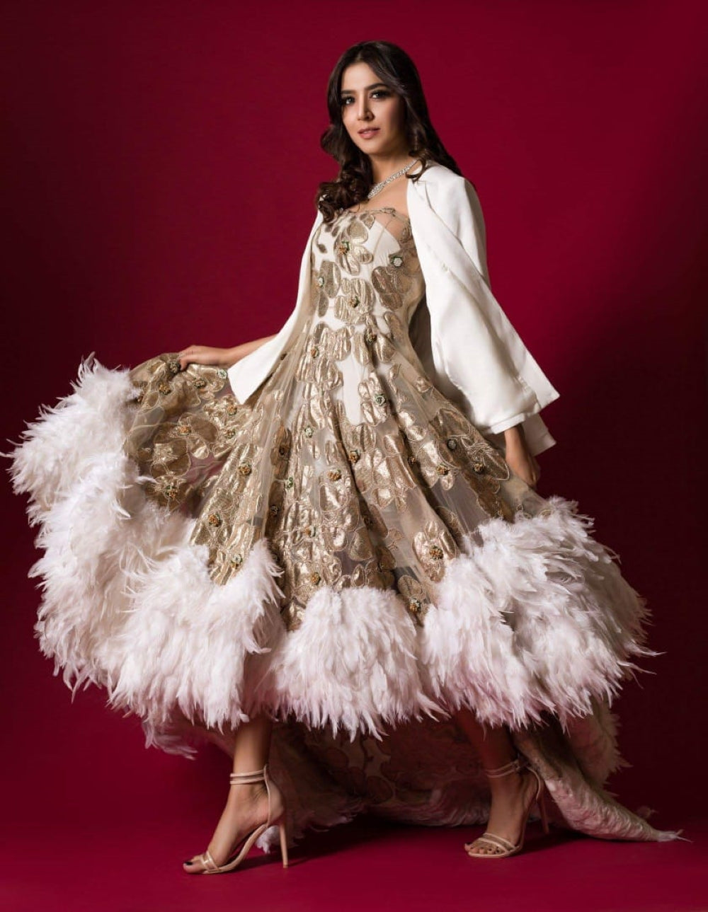 Ivory Gold Embroidered Net High-Low Gown (1-Pc) - Image 5