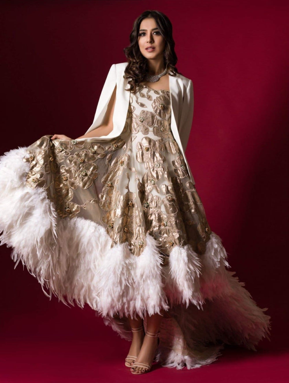 Ivory Gold Embroidered Net High-Low Gown (1-Pc) - Image 7