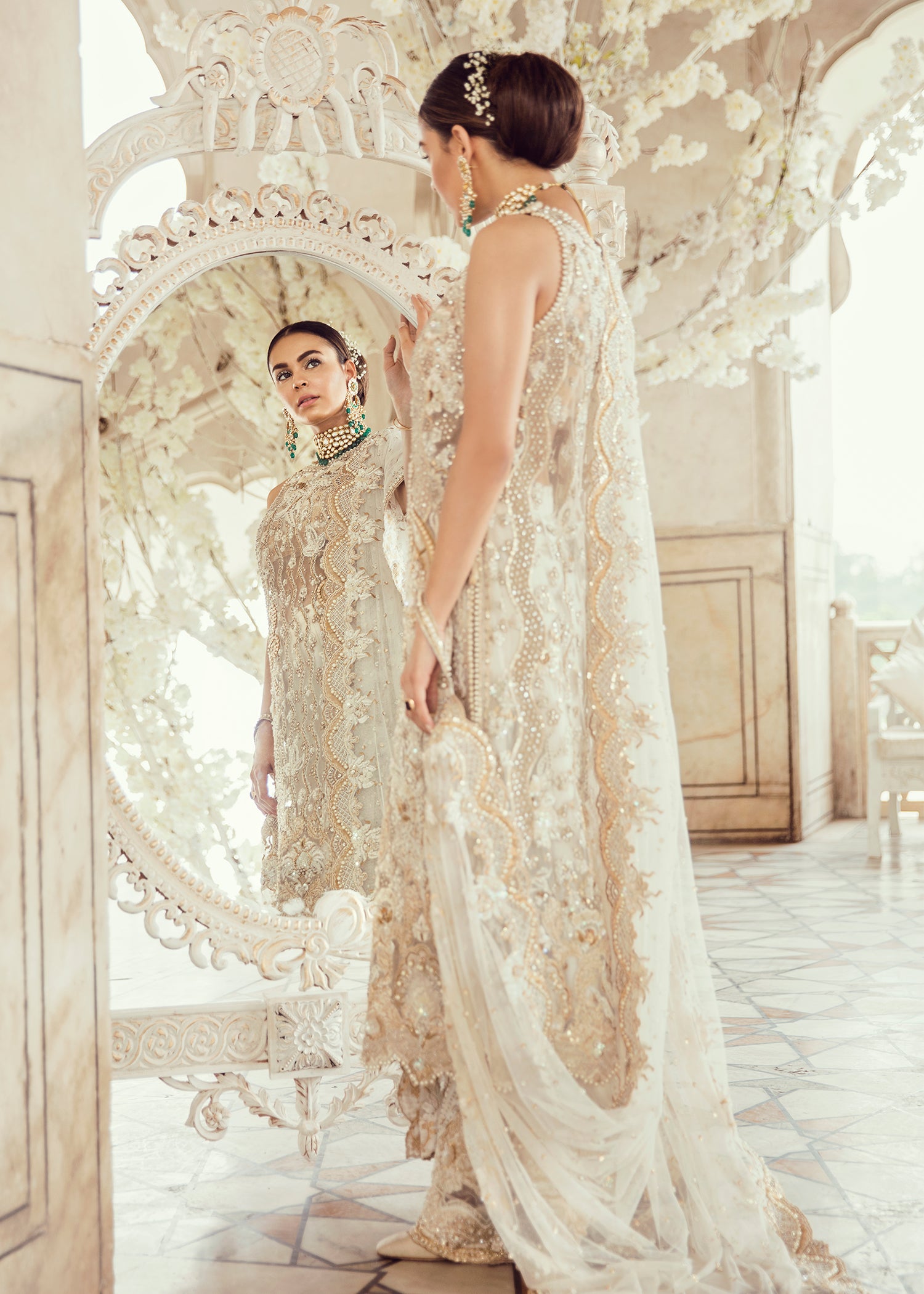 Pakistani Ivory Gold Embellished Organza Bridal Gown (2-Piece) - Image 3