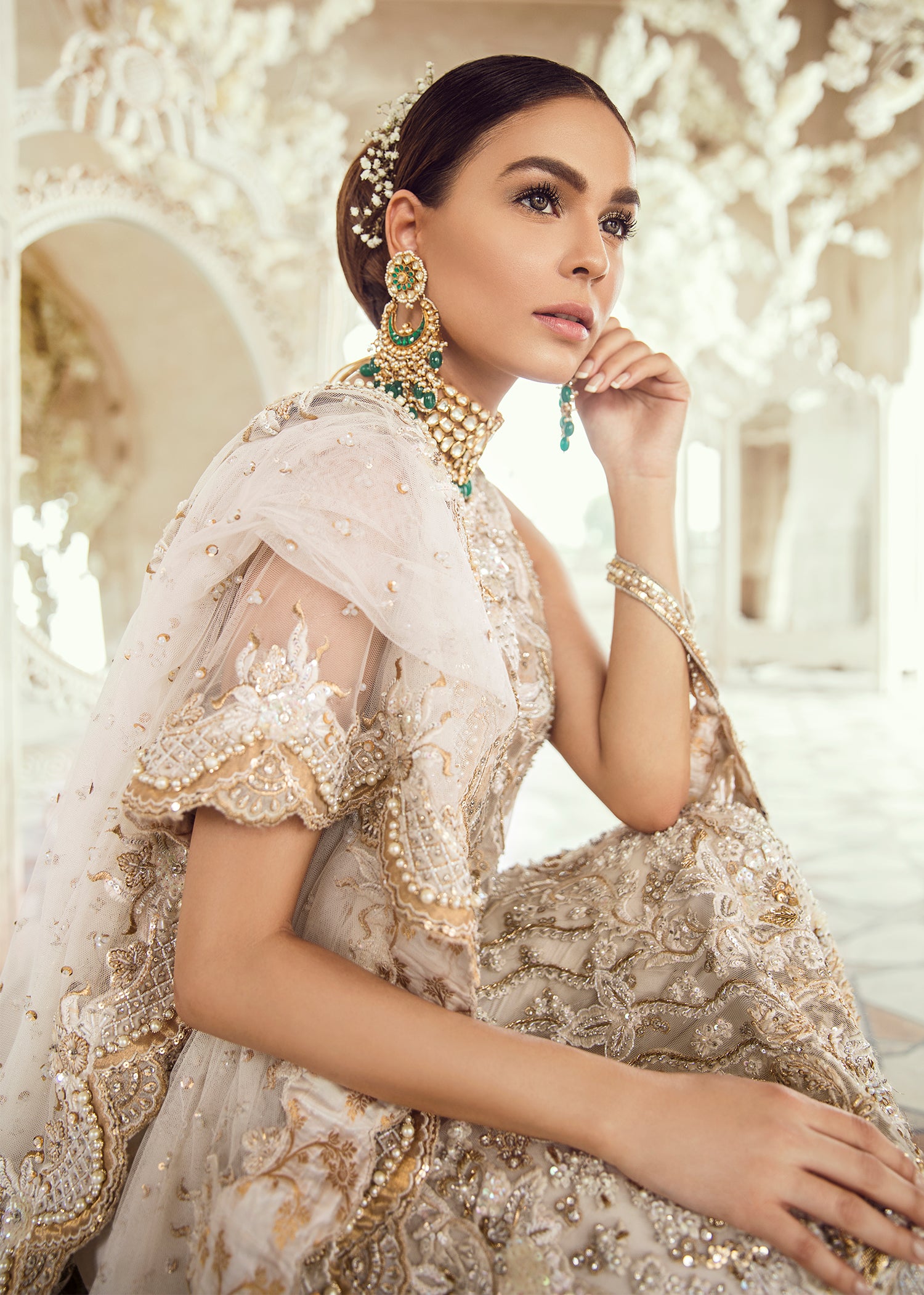 Pakistani Ivory Gold Embellished Organza Bridal Gown (2-Piece) - Image 4