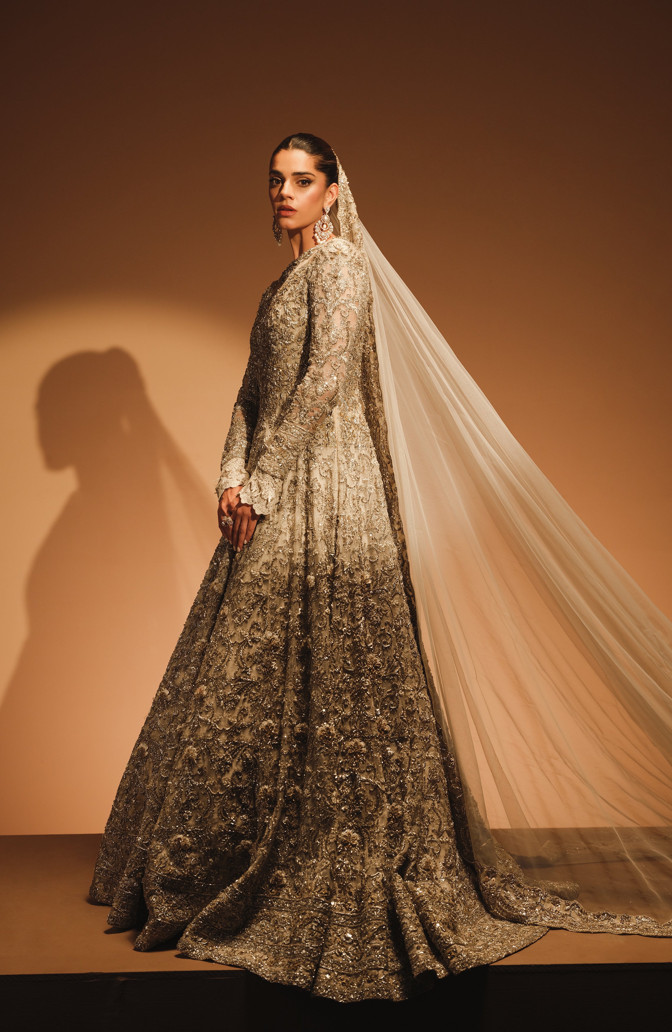 Pakistani Off-White Hand-Embellished Organza Bridal Gown (2-Piece) - Image 2