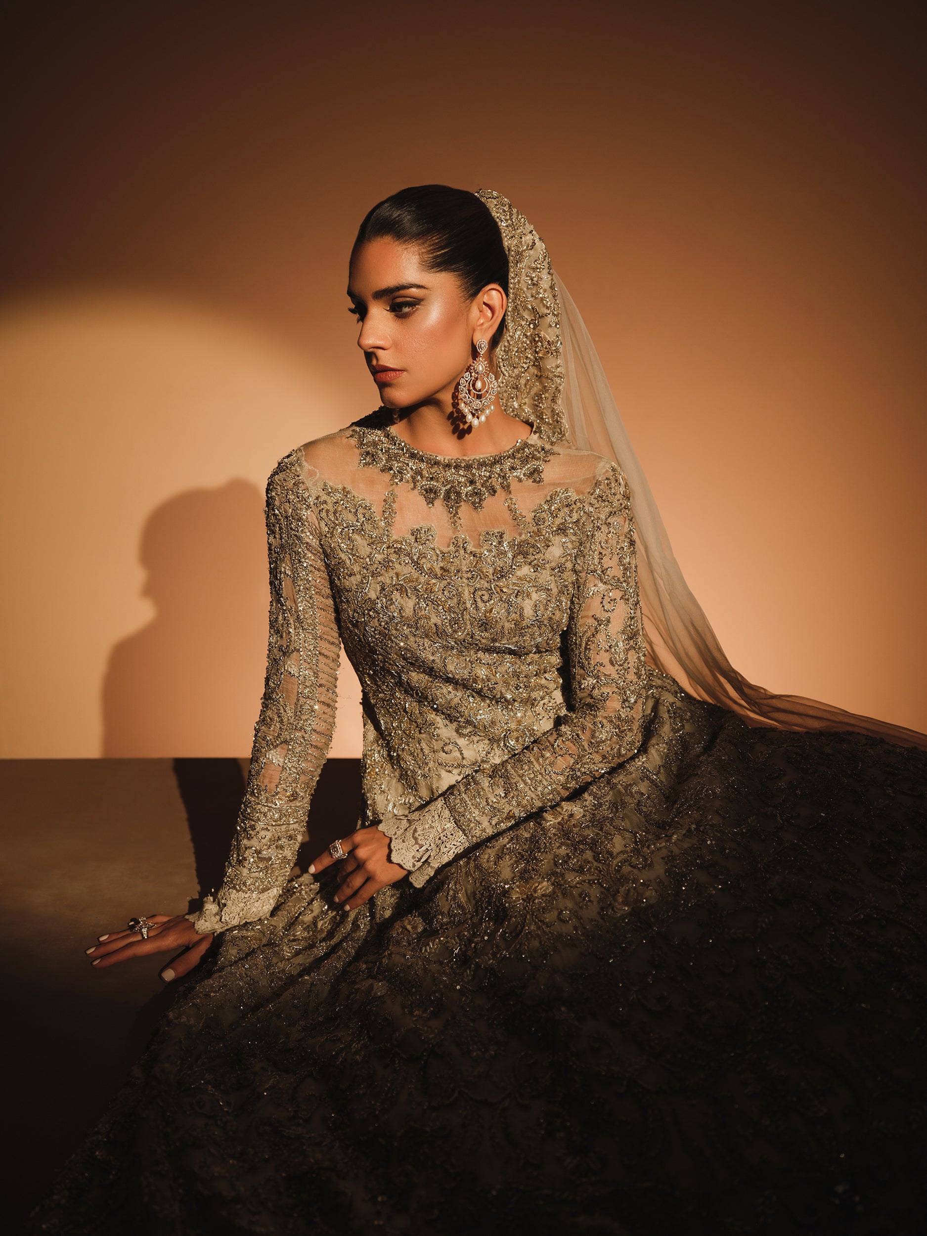 Pakistani Off-White Hand-Embellished Organza Bridal Gown (2-Piece) - Image 5