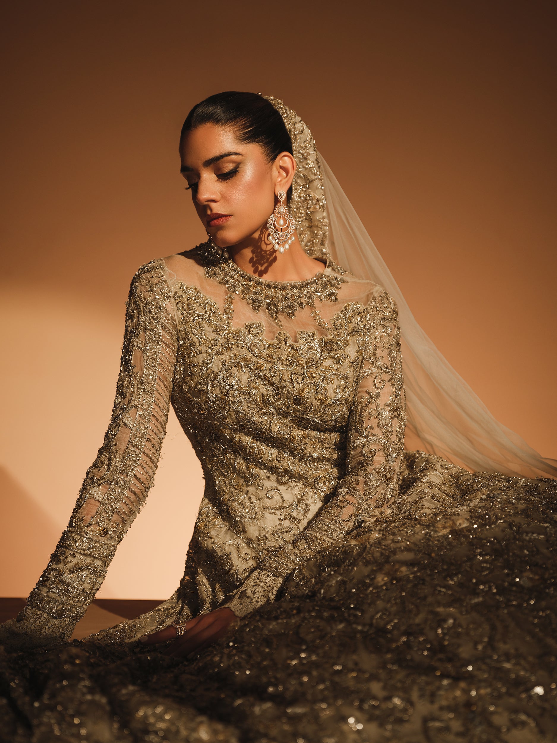 Pakistani Off-White Hand-Embellished Organza Bridal Gown (2-Piece) - Image 6