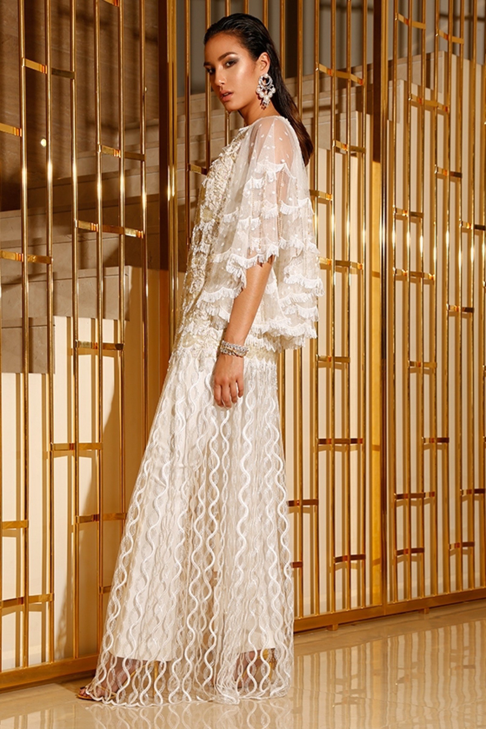 Pakistani Ivory Embellished Organza Gown (1-Pc) - Image 1