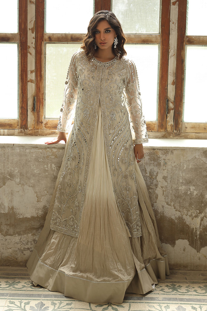 Pakistani Ivory Zardozi Swarovski Organza Jacket Gown (2-Piece) - Image 1