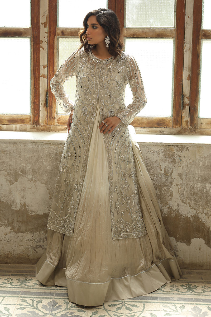 Pakistani Ivory Zardozi Swarovski Organza Jacket Gown (2-Piece) - Image 2