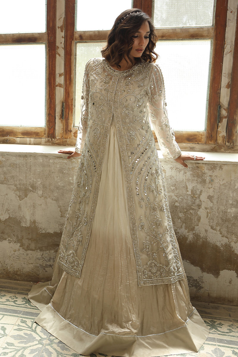 Pakistani Ivory Zardozi Swarovski Organza Jacket Gown (2-Piece) - Image 3