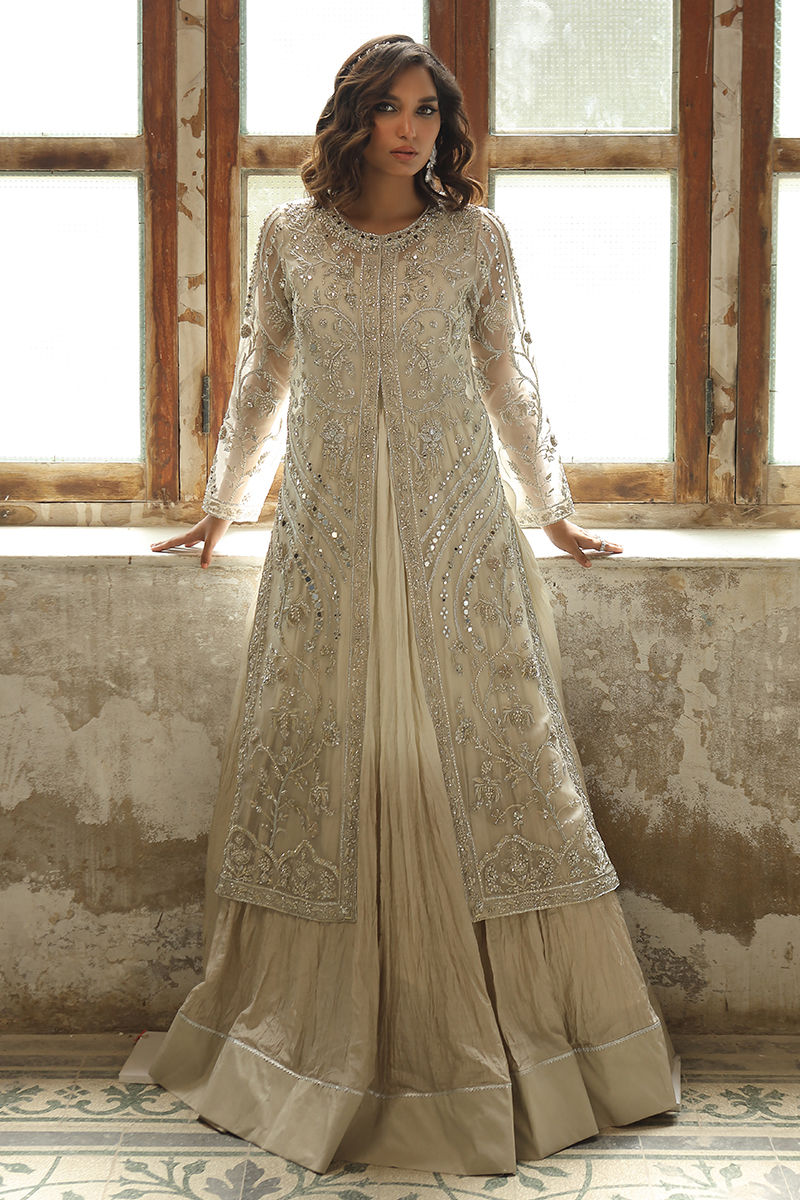 Pakistani Ivory Zardozi Swarovski Organza Jacket Gown (2-Piece) - Image 4