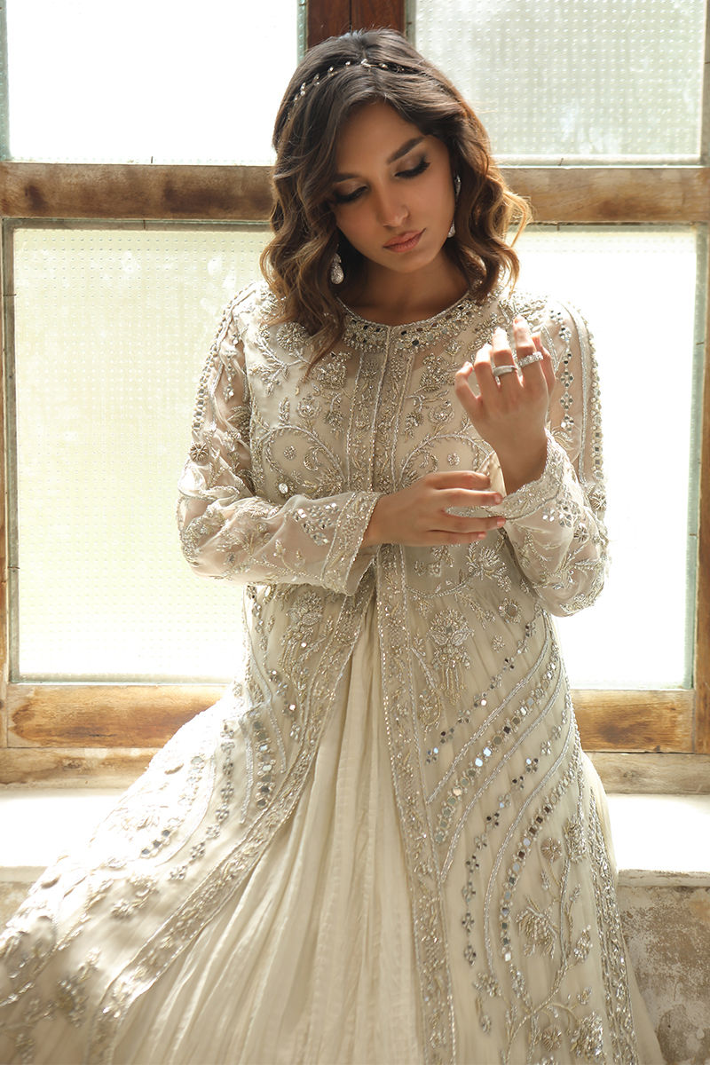 Pakistani Ivory Zardozi Swarovski Organza Jacket Gown (2-Piece) - Image 5