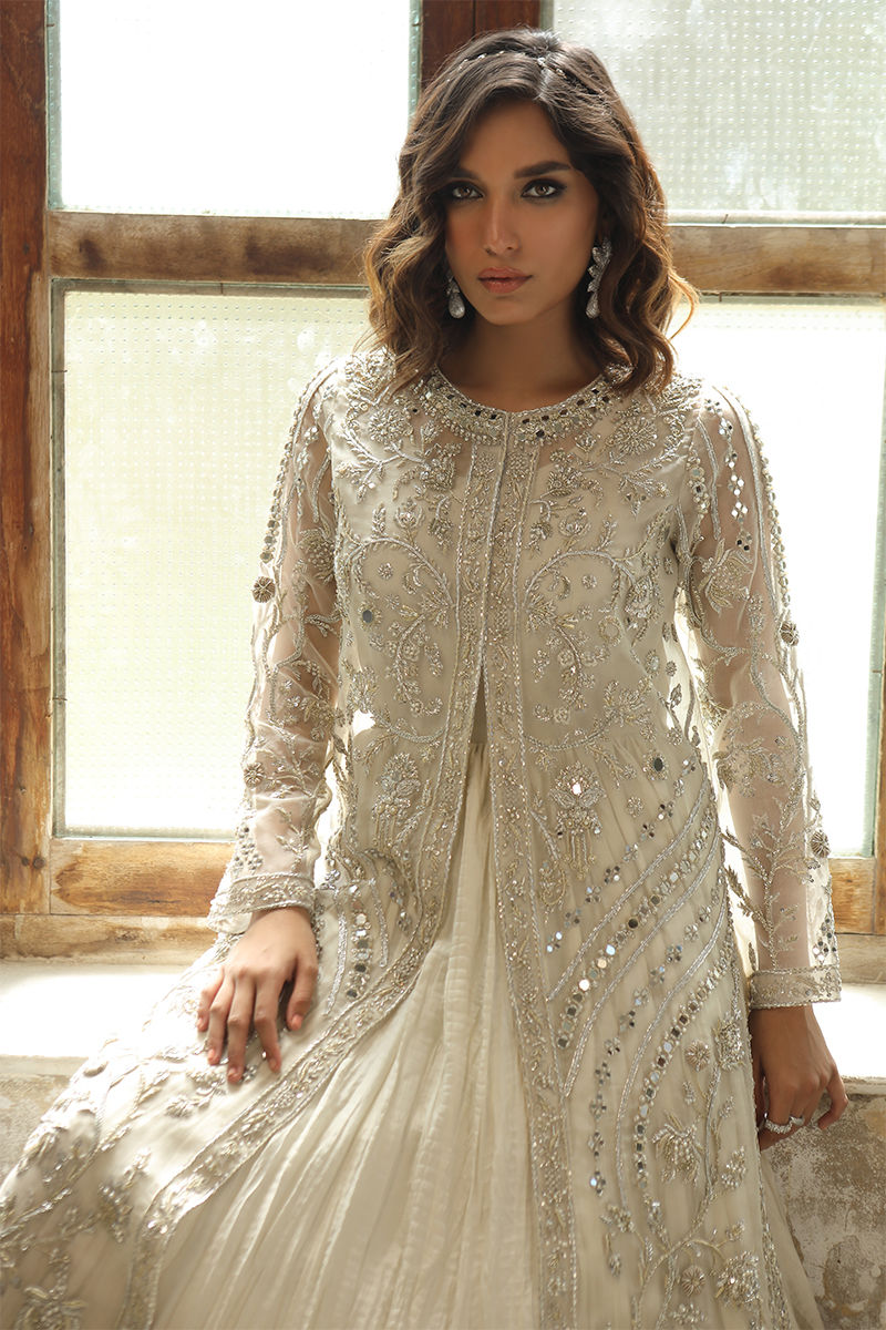 Pakistani Ivory Zardozi Swarovski Organza Jacket Gown (2-Piece) - Image 6