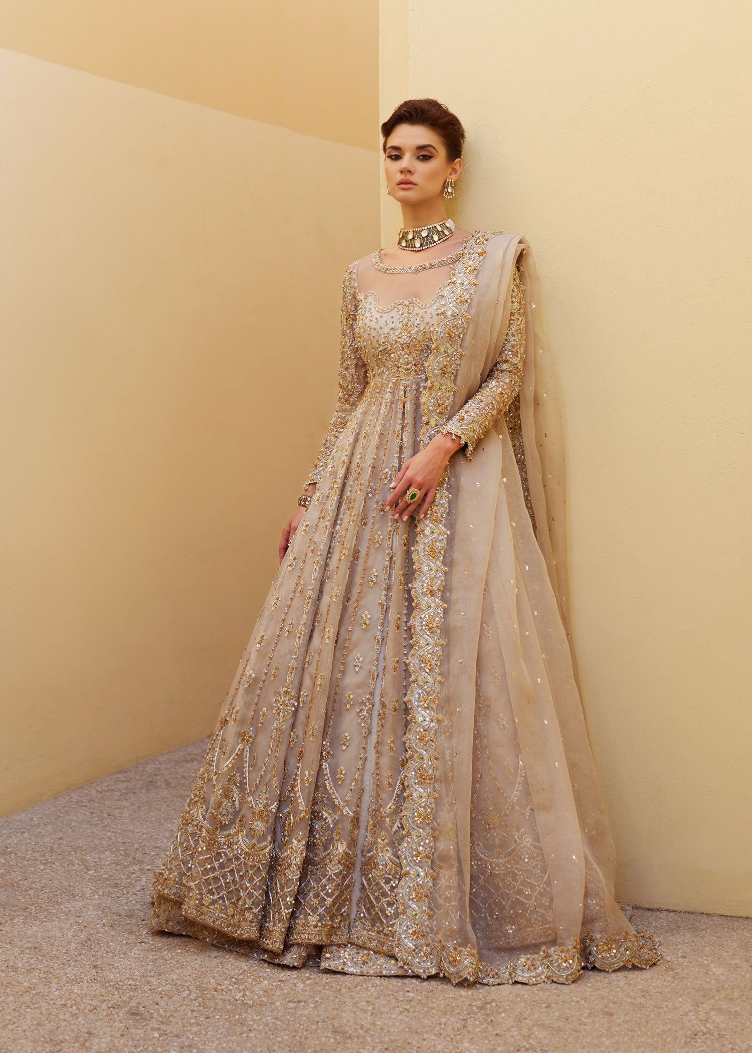 Pakistani Ivory Embellished Organza & Rawsilk Bridal Gown (3-Piece) - Image 1
