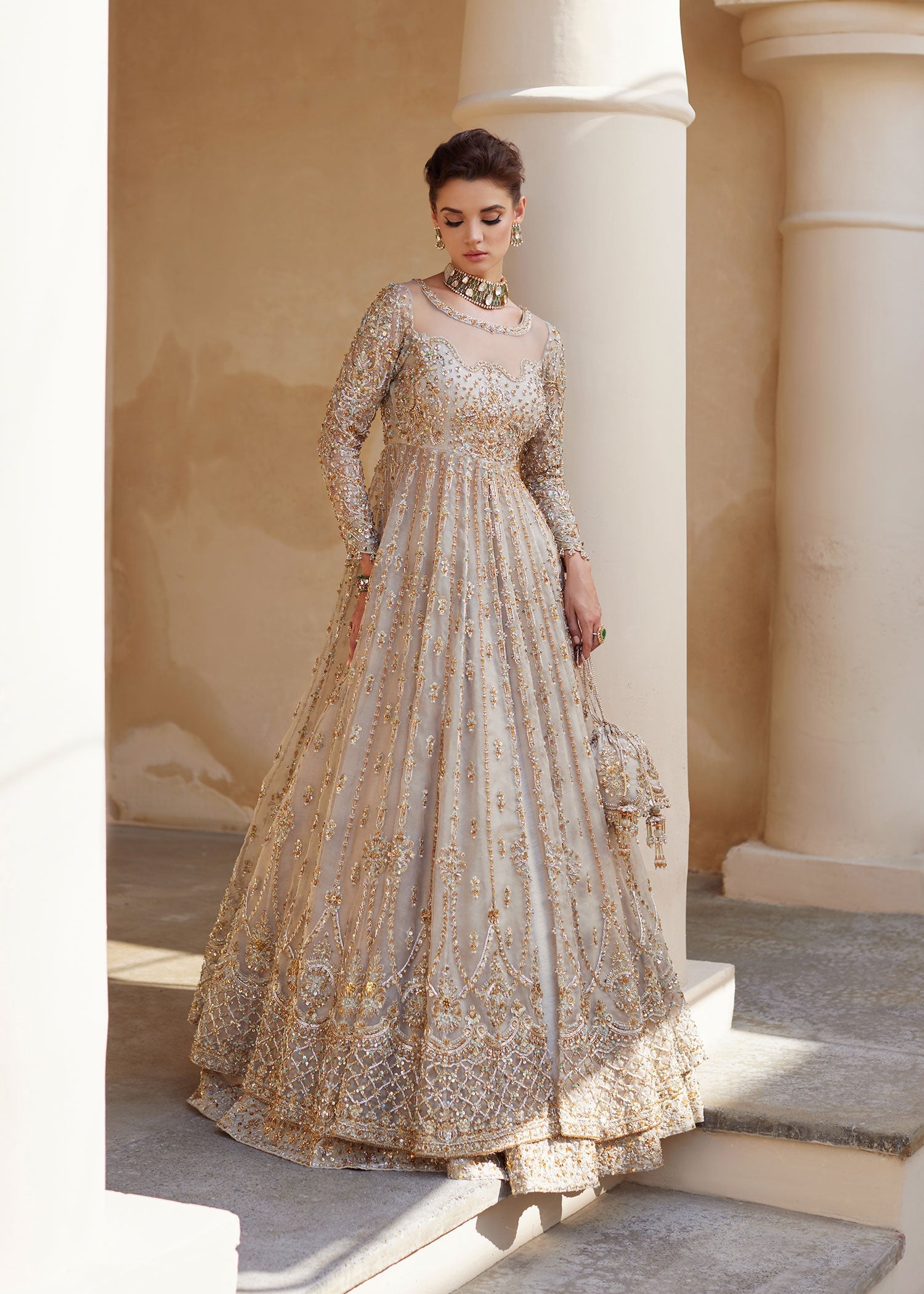 Pakistani Ivory Embellished Organza & Rawsilk Bridal Gown (3-Piece) - Image 10