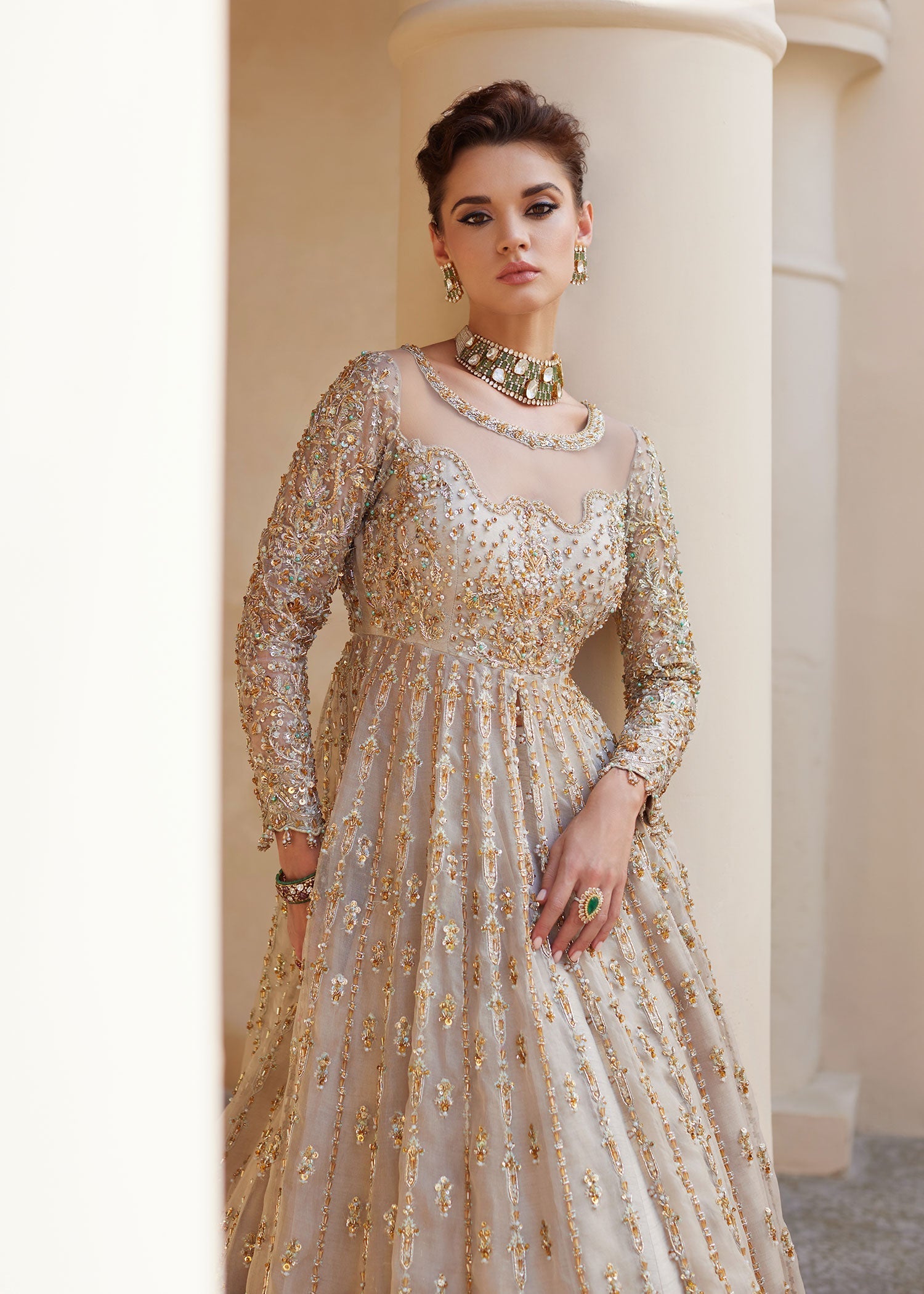 Pakistani Ivory Embellished Organza & Rawsilk Bridal Gown (3-Piece) - Image 11