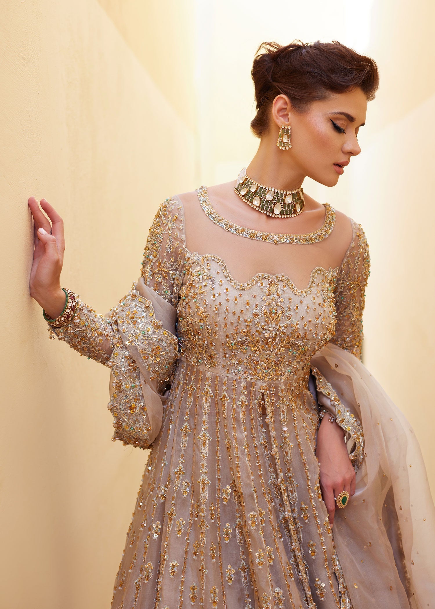 Pakistani Ivory Embellished Organza & Rawsilk Bridal Gown (3-Piece) - Image 3