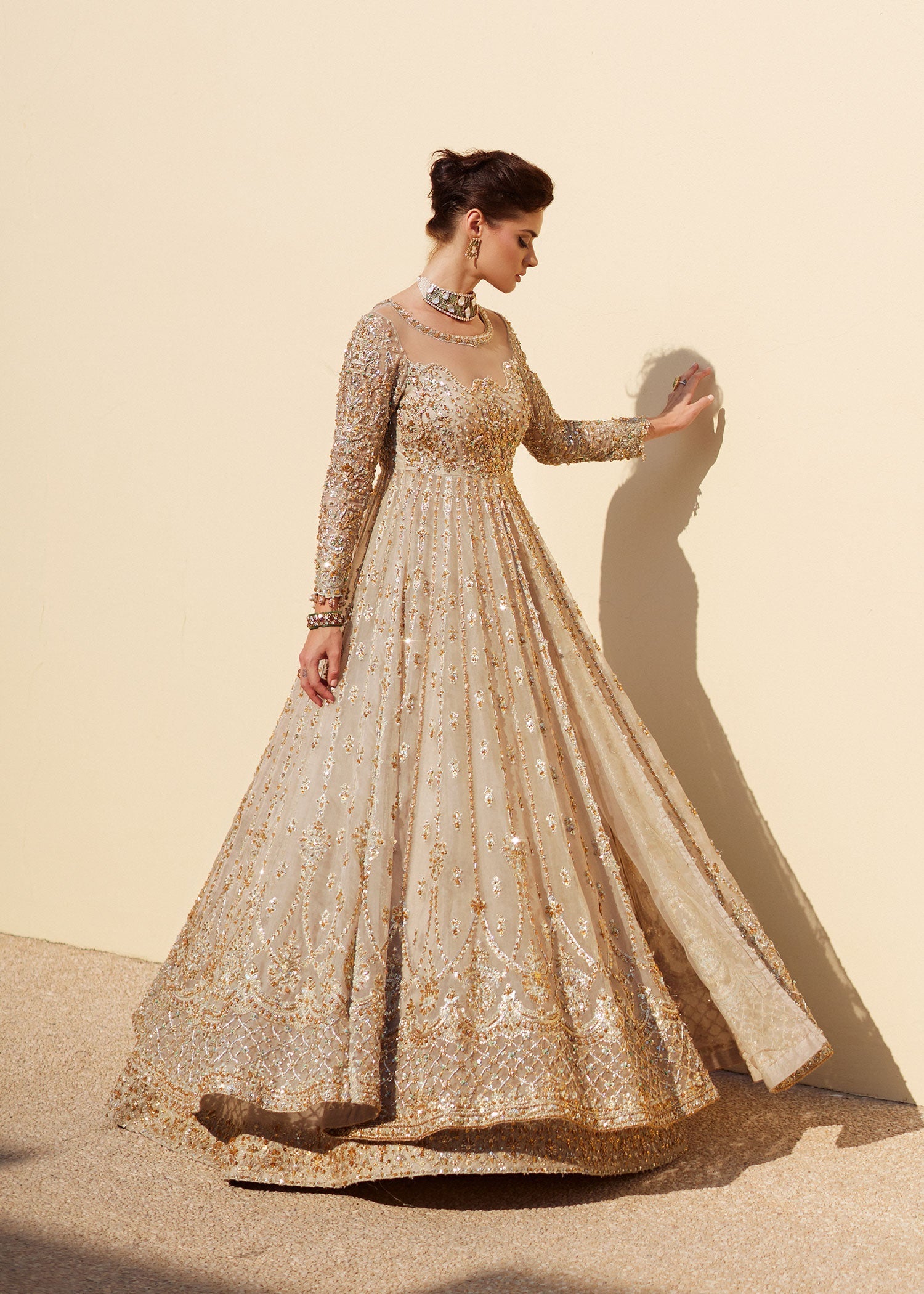 Pakistani Ivory Embellished Organza & Rawsilk Bridal Gown (3-Piece) - Image 4