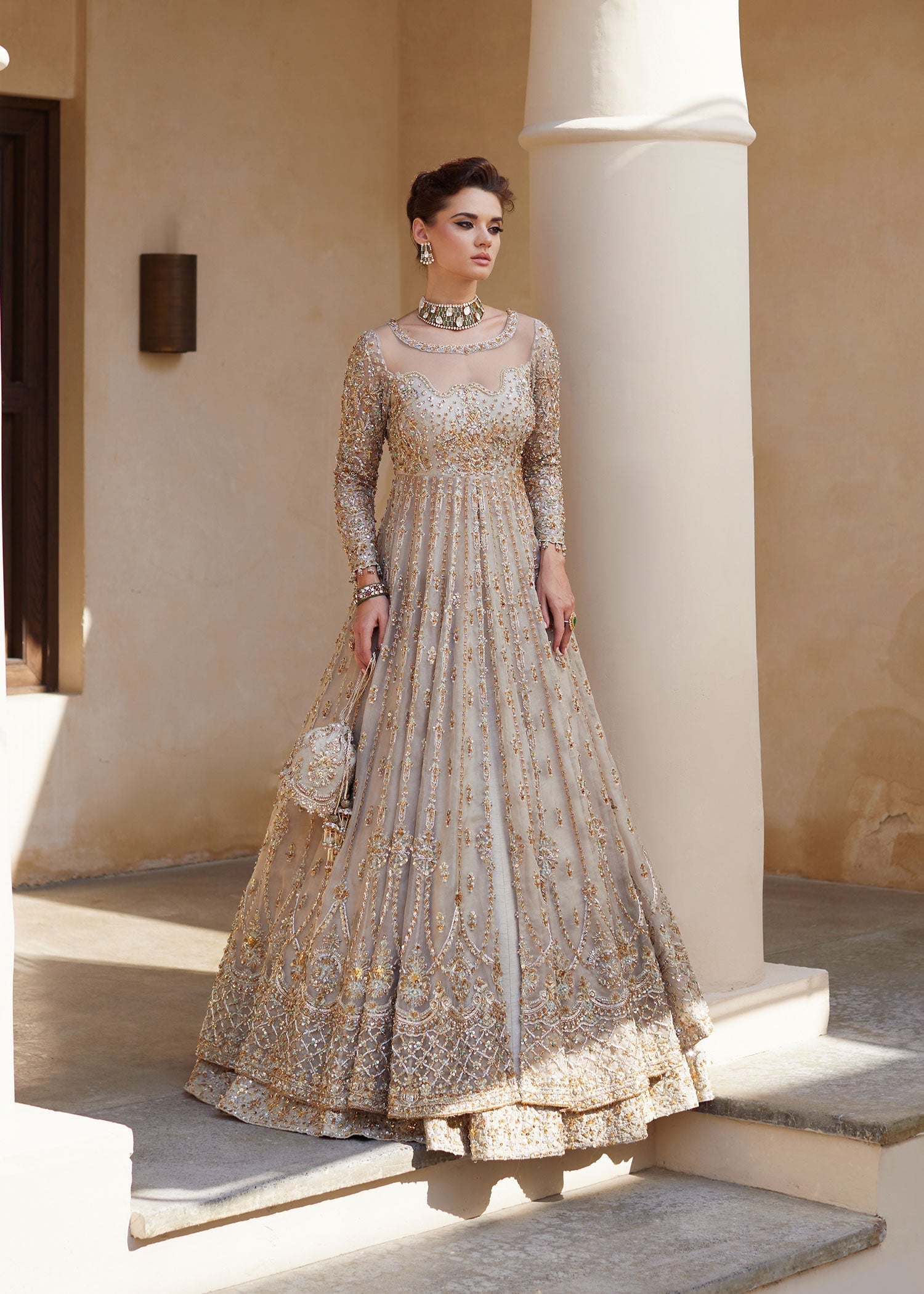 Pakistani Ivory Embellished Organza & Rawsilk Bridal Gown (3-Piece) - Image 6