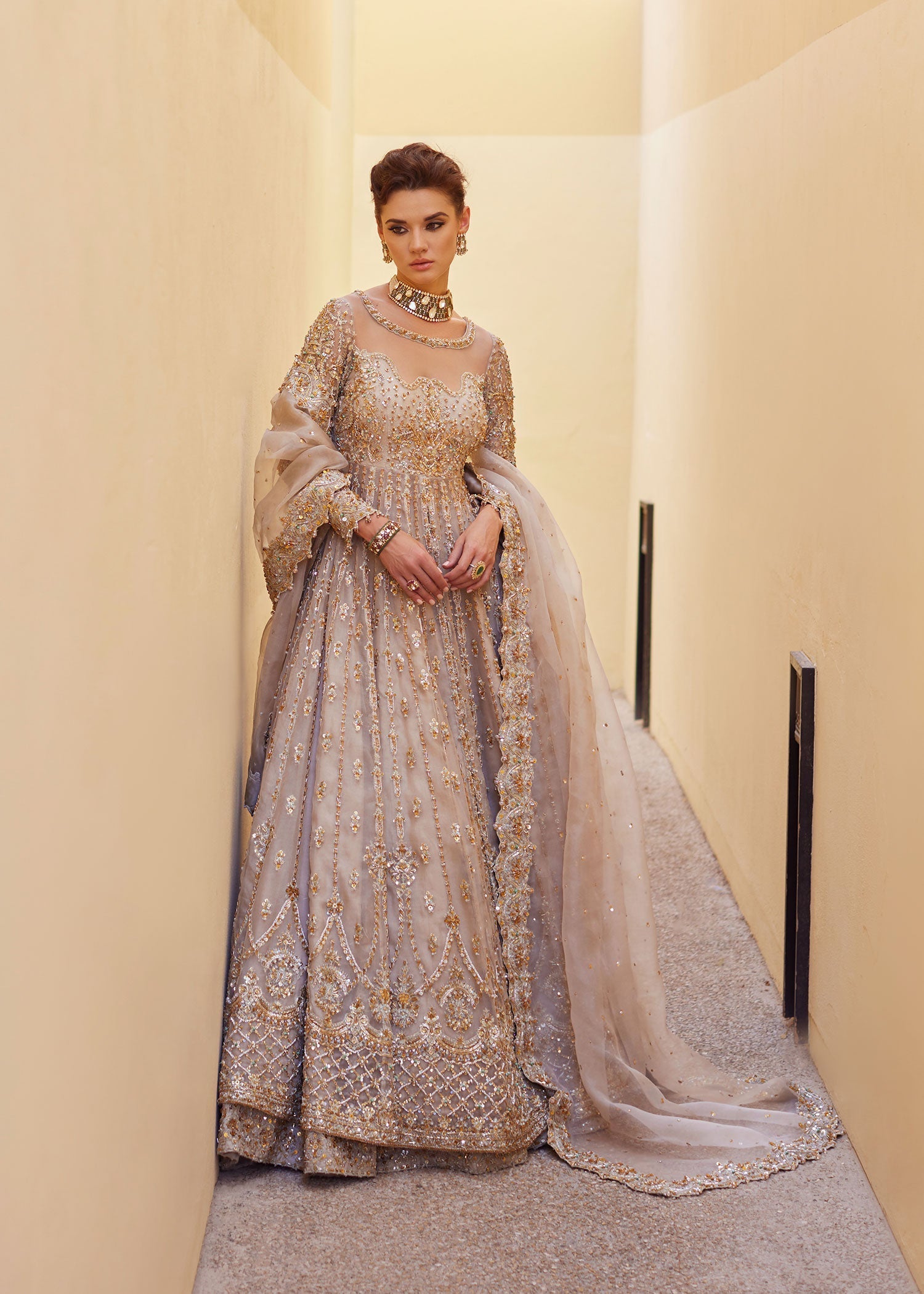 Pakistani Ivory Embellished Organza & Rawsilk Bridal Gown (3-Piece) - Image 9