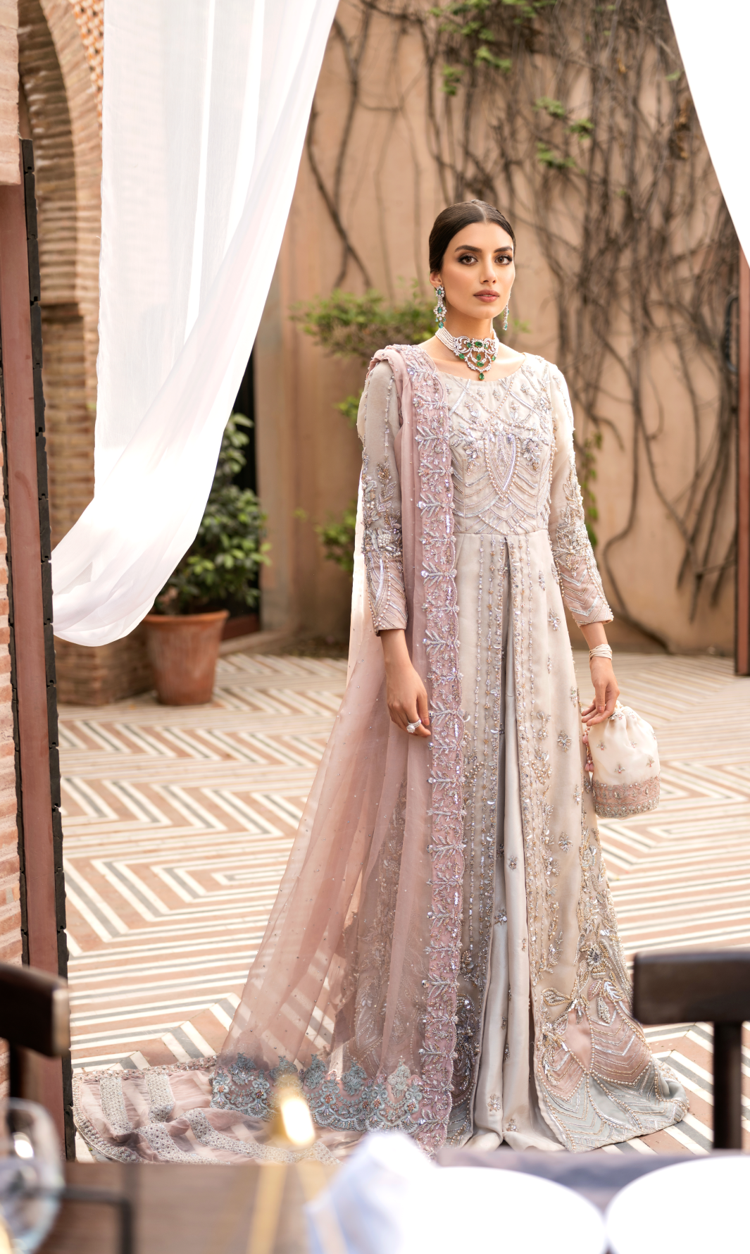 Pakistani Off-White Hand-Embellished Pure Kathan Gown (3-Piece) - Image 1