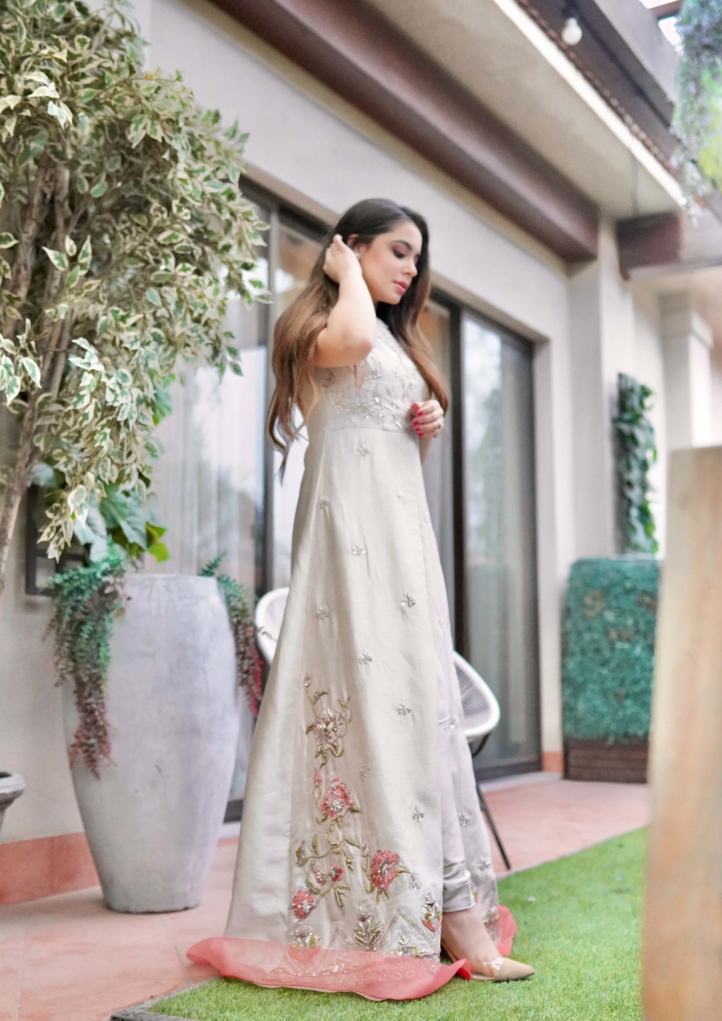 Pakistani Ivory Hand Embroidered Raw Silk Gown (1-Pc) - Image 2