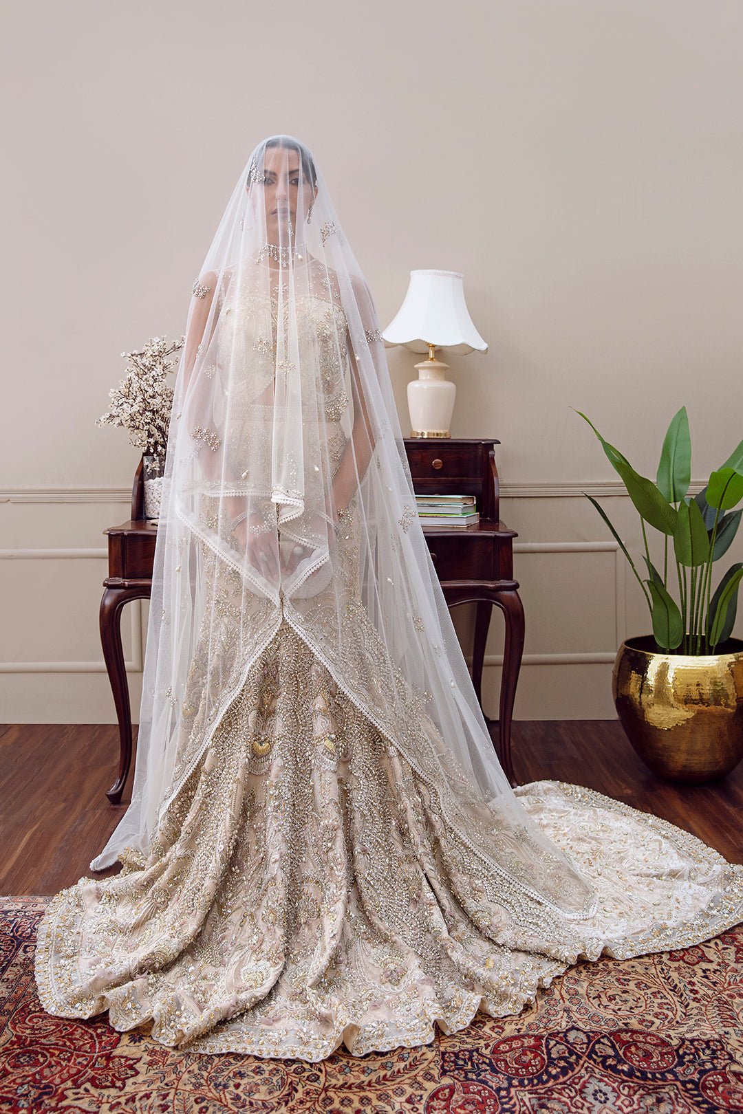 Off-White Embellished Net & Raw Silk Bridal Gown (2-Piece) - Image 3