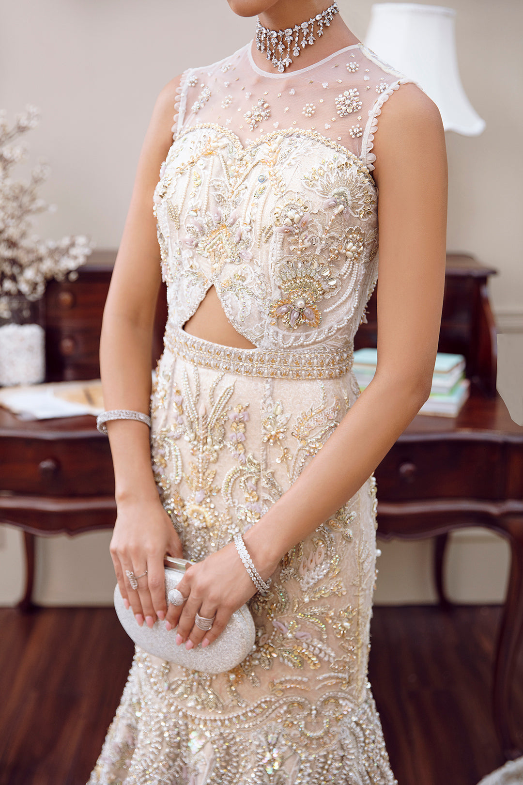 Off-White Embellished Net & Raw Silk Bridal Gown (2-Piece) - Image 4