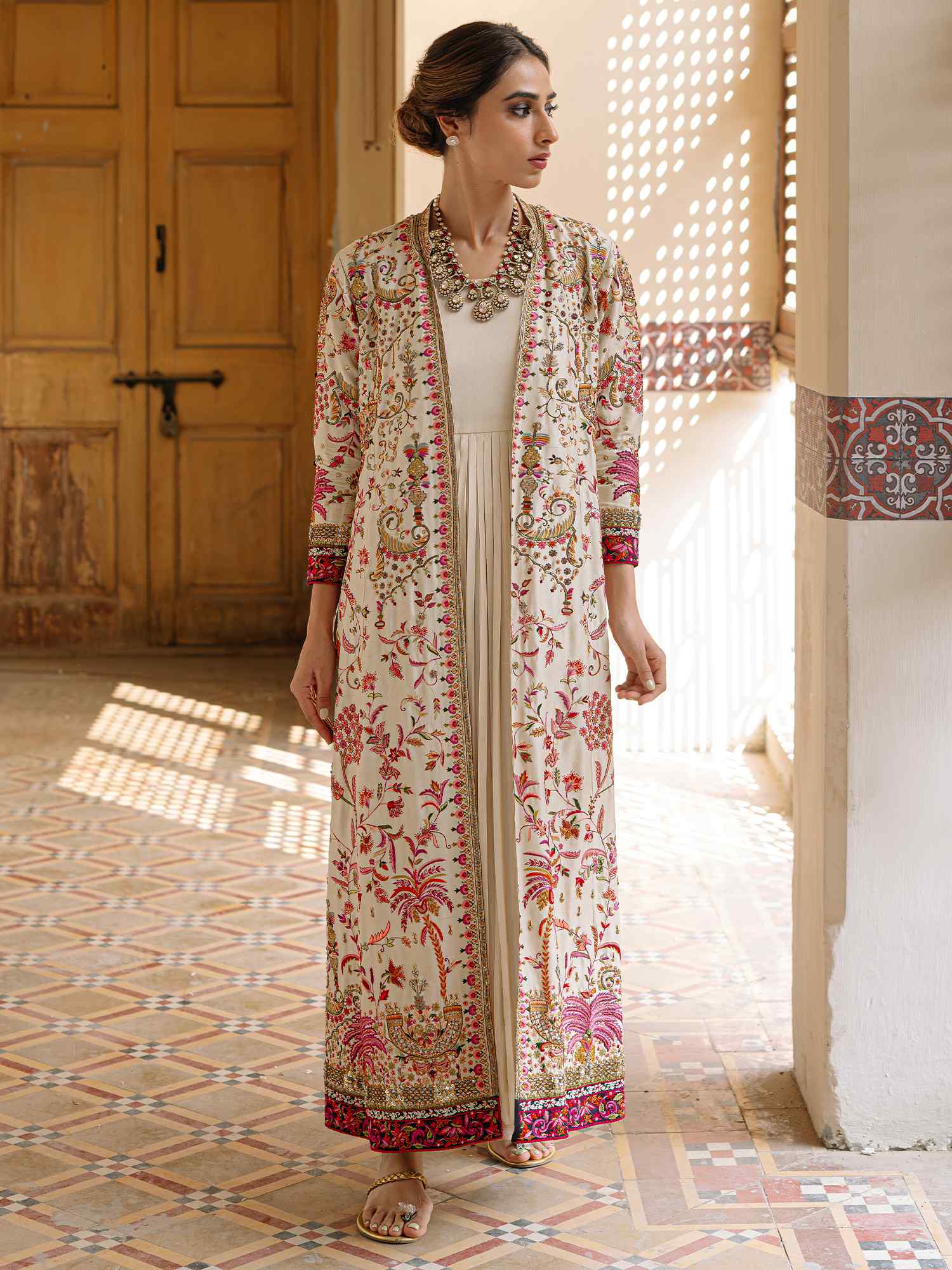 Pakistani Ivory Zardozi & Resham Raw Silk Gown (2-Piece) - Image 1