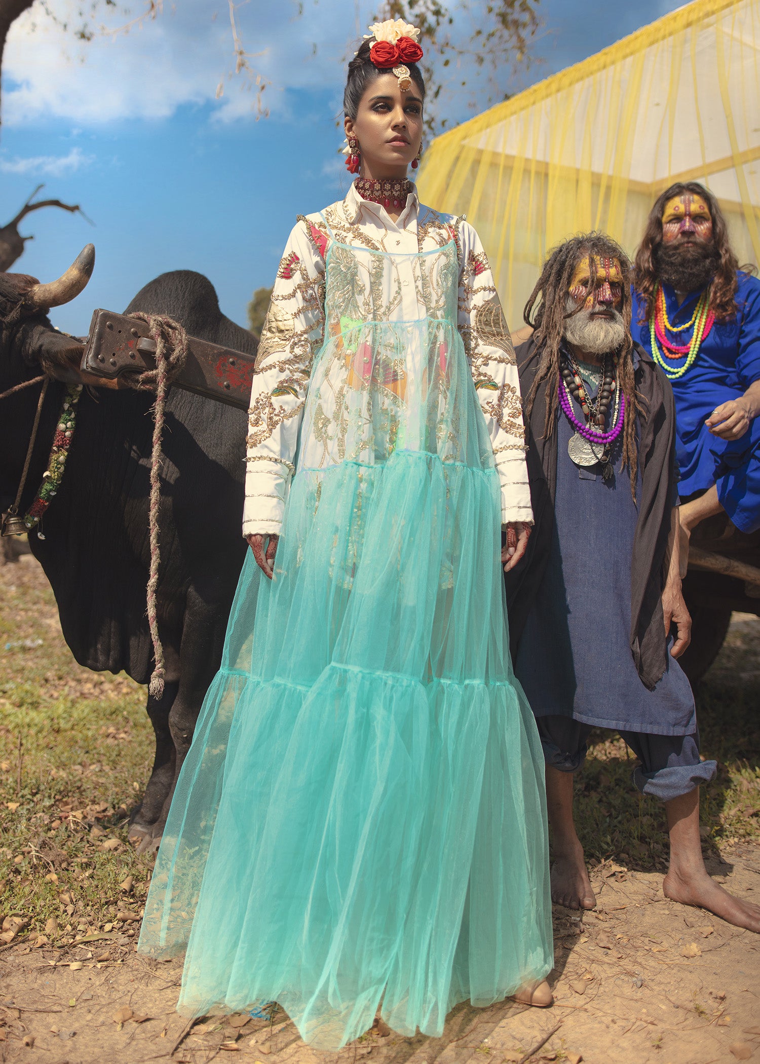 Ivory Embellished Raw Silk Shirt & Skirt with Net Gown (3-Piece) - Image 1