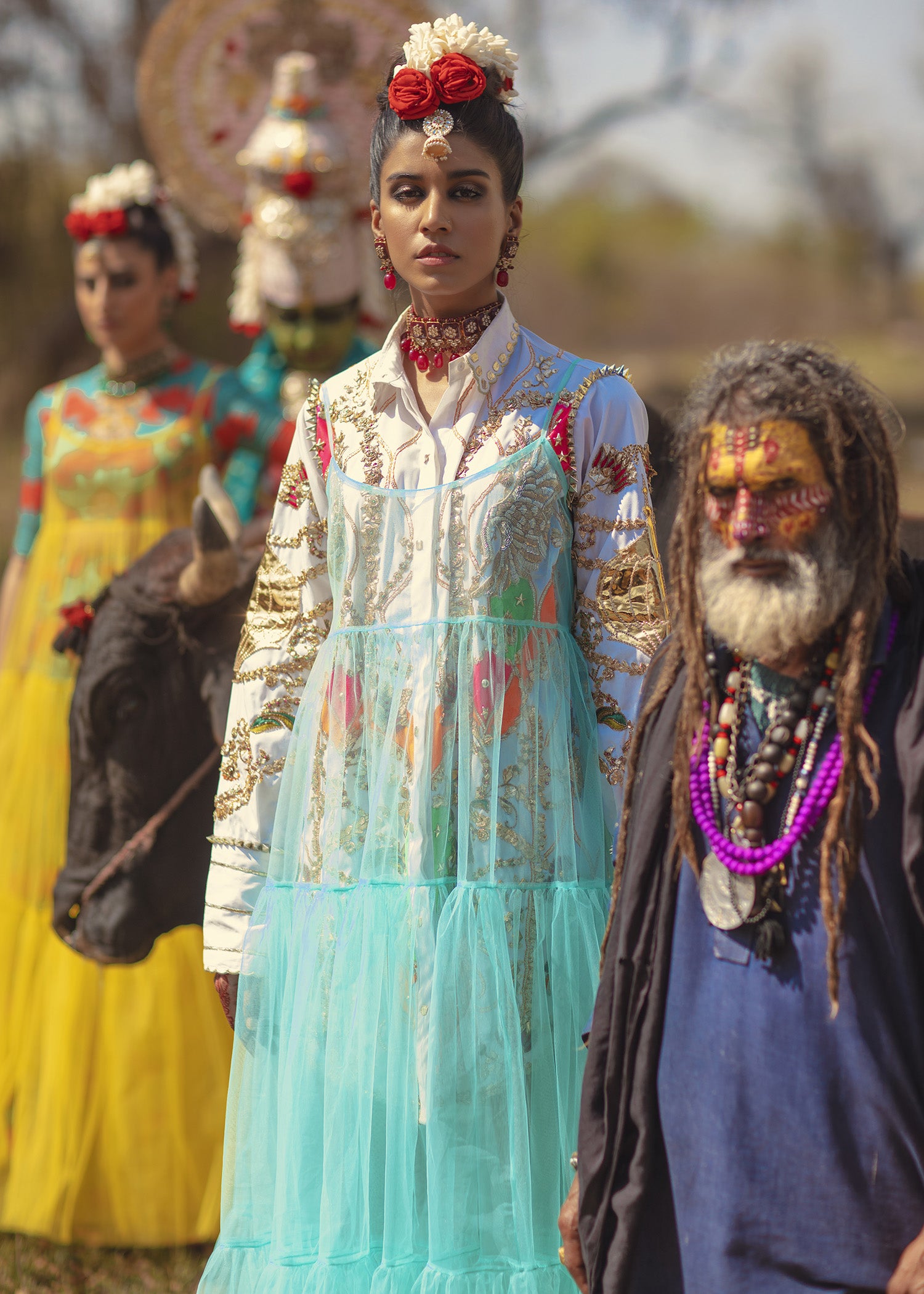 Ivory Embellished Raw Silk Shirt & Skirt with Net Gown (3-Piece) - Image 3