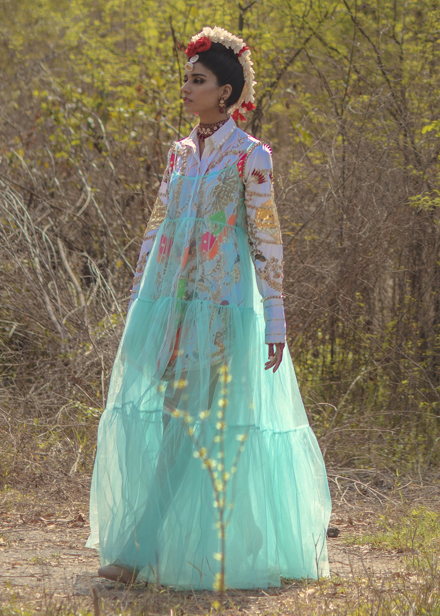 Pakistani Ivory Embellished Raw Silk Gown Set (3-Piece) - Image 2