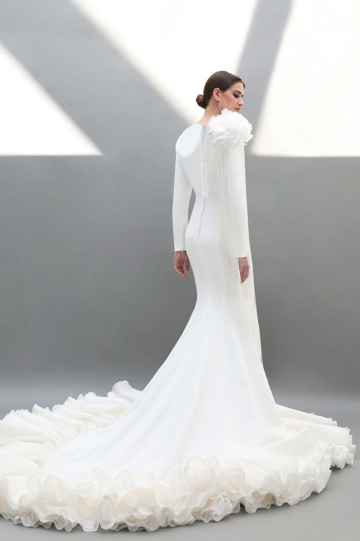 Pakistani Ivory 3D Floral Soft Satin Mermaid Gown (1-Pc) - Image 2