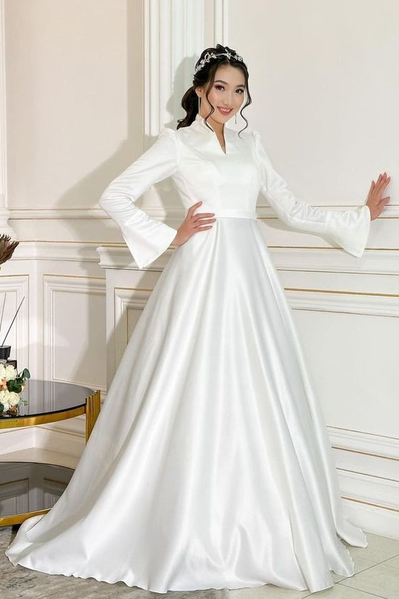 Pakistani Ivory Satin A-Line Wedding Gown (1-Pc) - Image 1