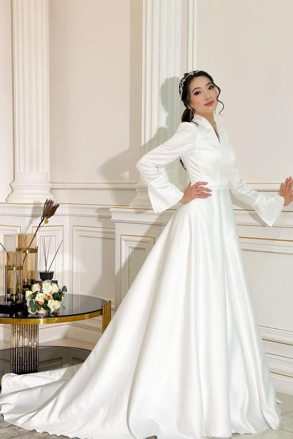Pakistani Ivory Satin A-Line Wedding Gown (1-Pc) - Image 5